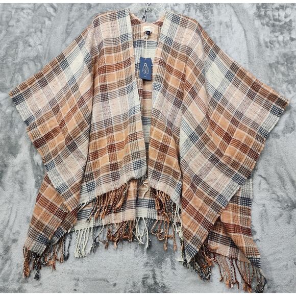 Universal Thread Jackets & Blazers - NEW Universal‎ Thread Poncho Womens OSFM OS Tan Plaid Fringe Poncho Wrap Boho